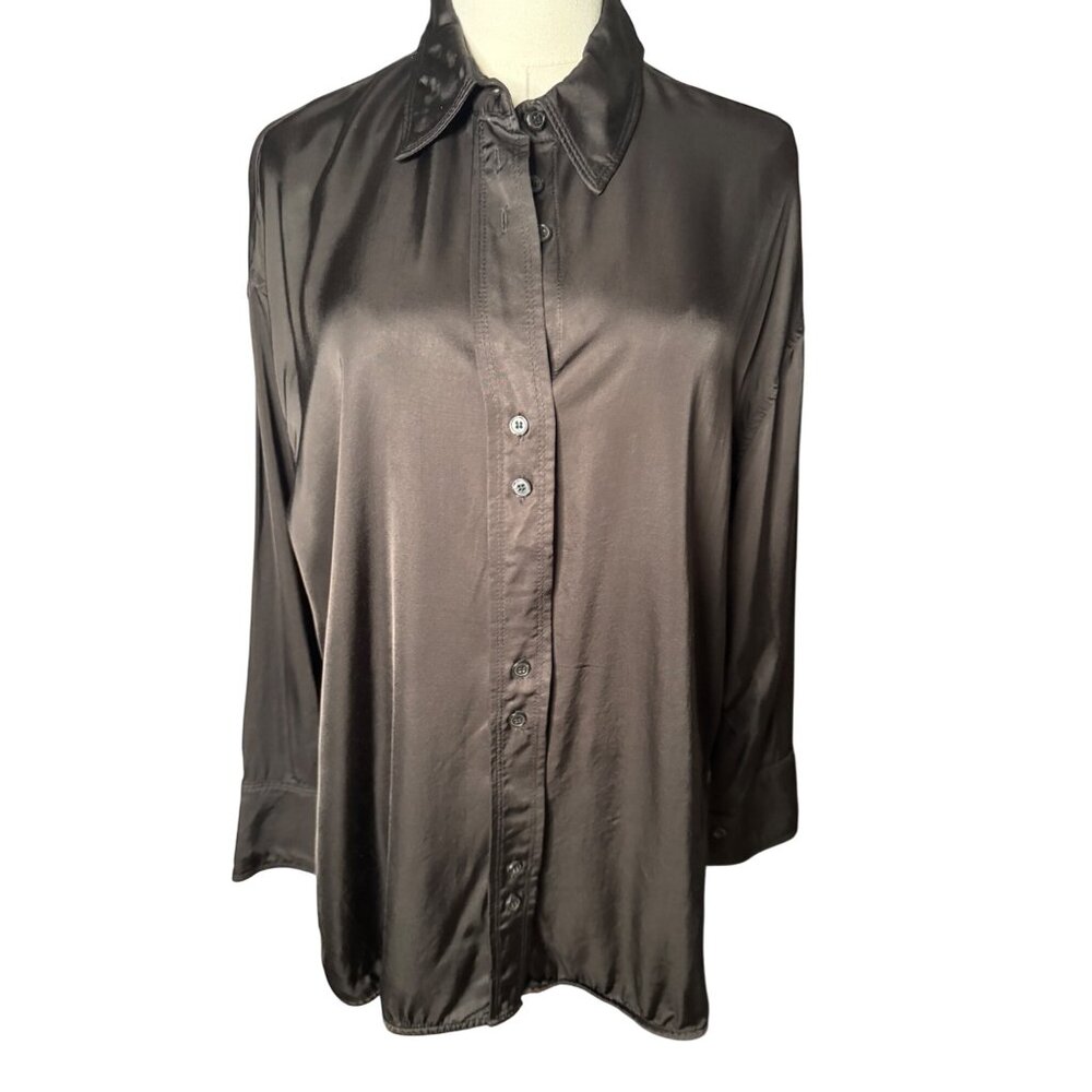 2/$25 ZARA Jet Black M Button-Up Satin Shirt Long Sleeve